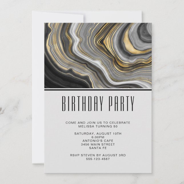 Modern Gold & Grey Agate Geode Gemstone Birthday Invitation (Front)