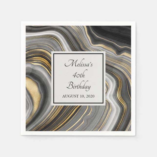 Modern Gold & Grey Agate Geode Gemstone Birthday Napkin (Front)