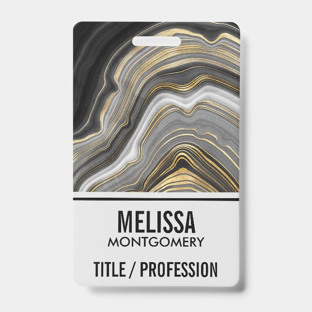 Modern Gold & Grey Agate Geode Mineral Monogram ID Badge (Front)