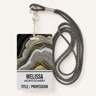Modern Gold & Grey Agate Geode Mineral Monogram ID Badge