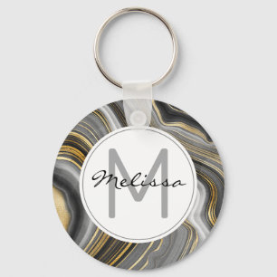 Modern Gold & Grey Agate Geode Mineral Monogram Key Ring
