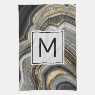 Modern Gold & Grey Agate Geode Mineral Monogram Tea Towel