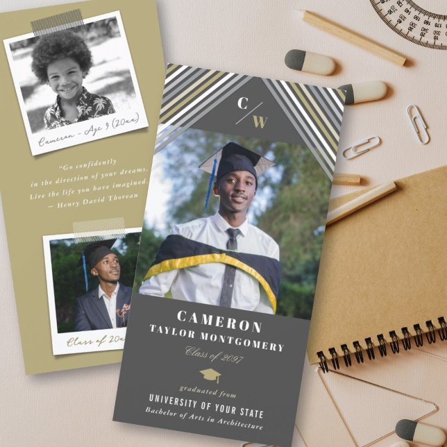 Modern Gold Grey Diagonal Stripes Photo Graduation Announcement (Creator Uploaded)