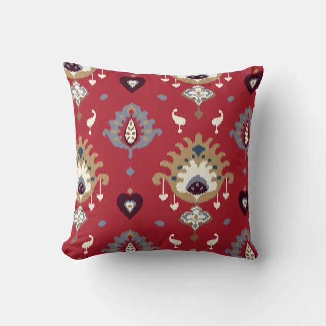 Modern gold grey red girly ikat tribal pattern cushion (Front)