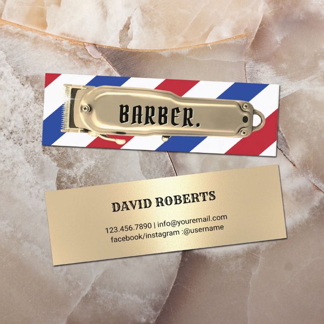 Modern Gold Hair Clipper Barber Shop Stripes Mini Business Card (Creator Uploaded)