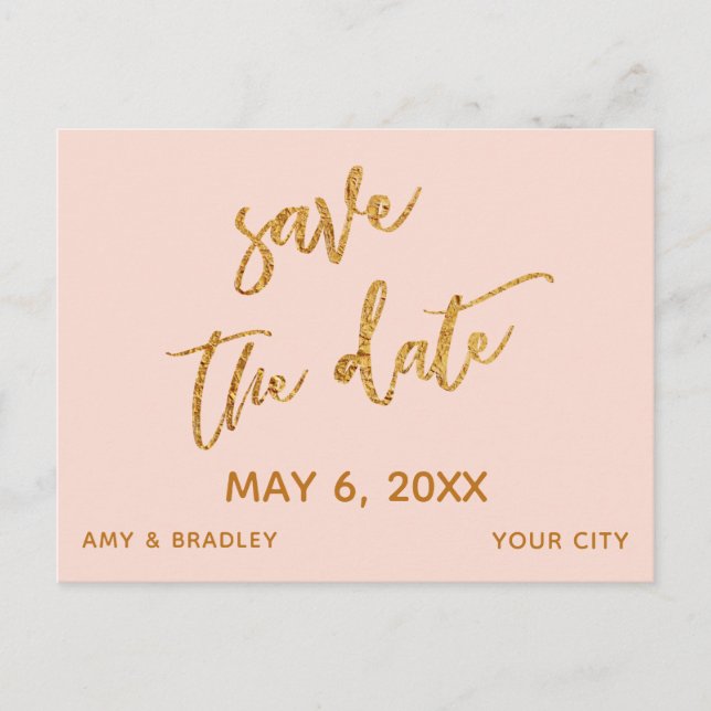 Modern Gold Handwriting Blush Pink Save the Date Announcement Postcard (Front)