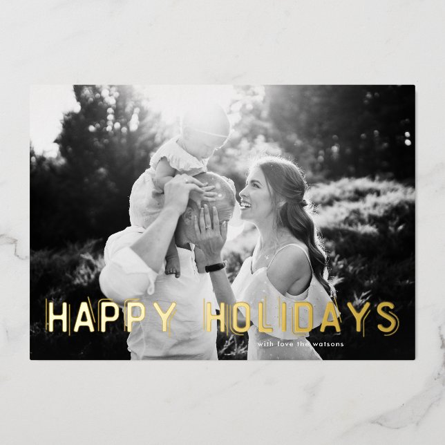 Modern GOLD Happy Holidays Photo Christmas Foil Holiday Card (Front)