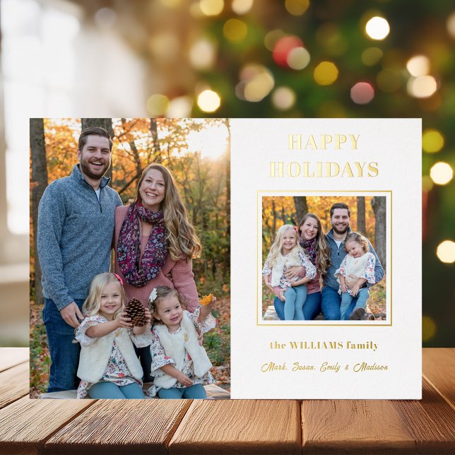 Modern Gold Happy Holidays Two-Photo Foil Holiday Card (Creator Uploaded)