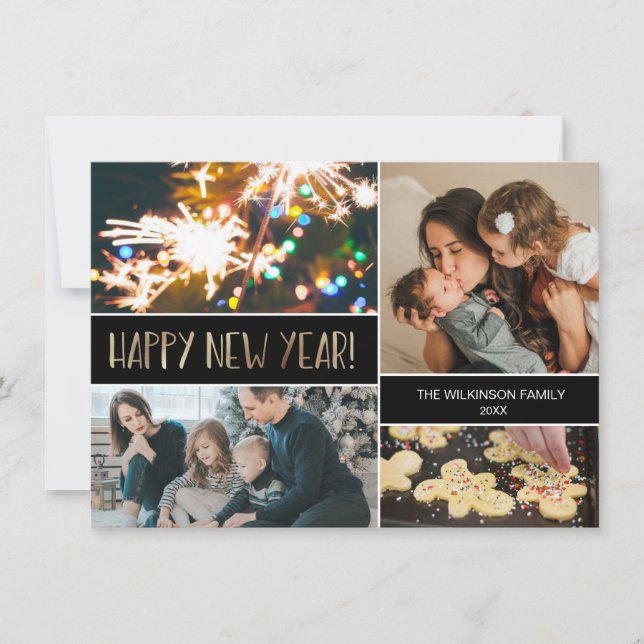Modern Gold Happy New Year Print Photo Collage Holiday Card (Front)