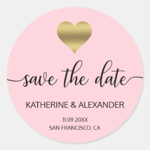 Modern Gold Heart Blush Pink Wedding SAVE THE DATE Classic Round Sticker