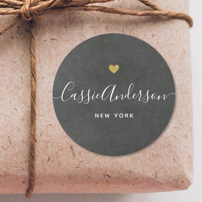 Modern Gold Heart Calligraphy Brand Name Grey Classic Round Sticker (Creator Uploaded)