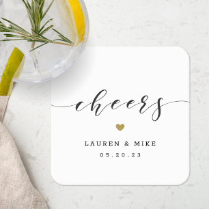 Modern Gold Heart Cheers Wedding Square Paper Coaster