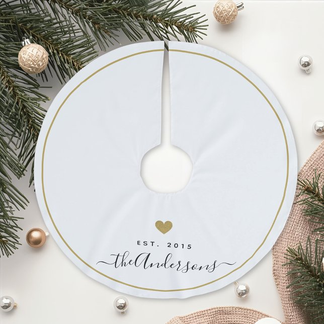 Modern Gold Heart Family Name Monogram Brushed Polyester Tree Skirt (Creator Uploaded)