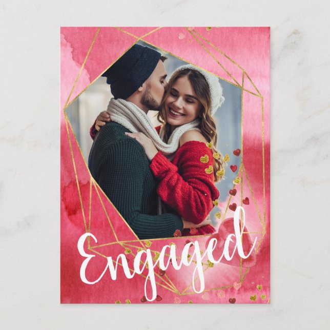 Modern Gold Heart Geometric Photo Engagement Party Invitation Postcard (Front)