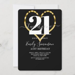 Modern Gold Heart Minimalist 21st Birthday Invitation