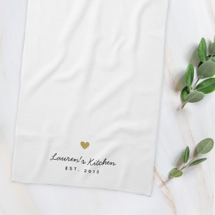 Modern Gold Heart Personalised Name Tea Towel