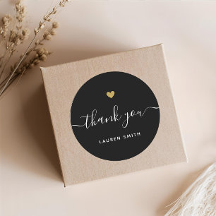 Modern Gold Heart Personalised Thank You Black Classic Round Sticker