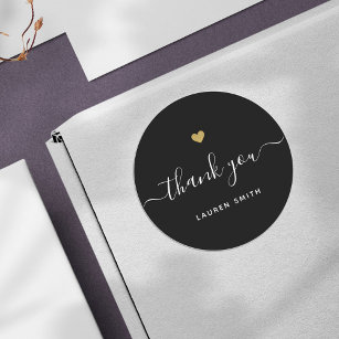 Modern Gold Heart Personalised Thank You Black Classic Round Sticker