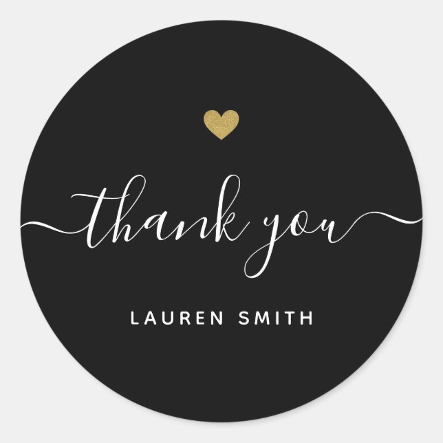 Modern Gold Heart Personalised Thank You Black Classic Round Sticker (Front)