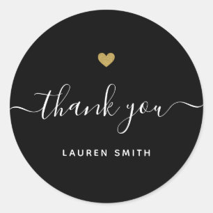 Modern Gold Heart Personalised Thank You Black Classic Round Sticker