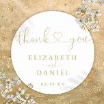 Modern Gold Heart Script Thank You Wedding Favour Classic Round Sticker<br><div class="desc">Elegant gold heart script thank you sticker personalised with your names and special date. Designed by Thisisnotme©</div>