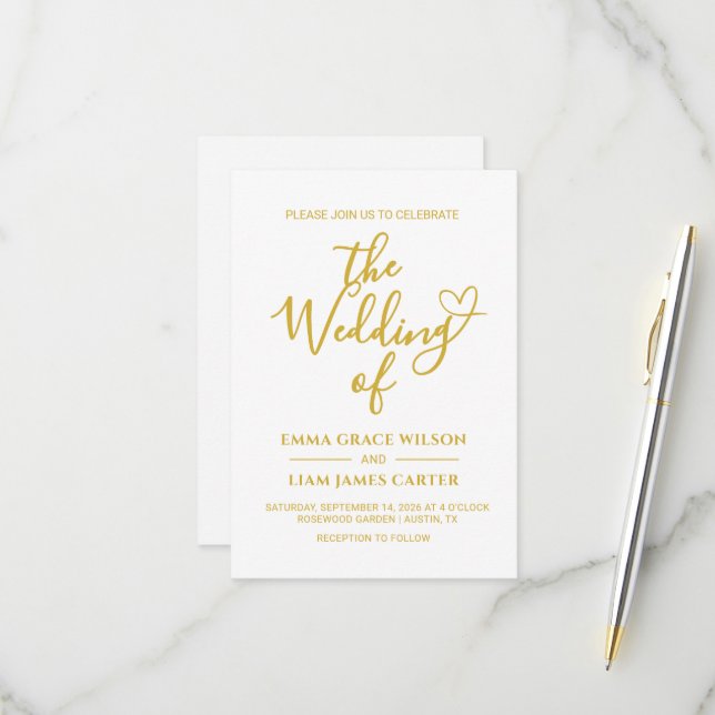 Modern Gold Heart Script Wedding Invitation (Front/Back In Situ)