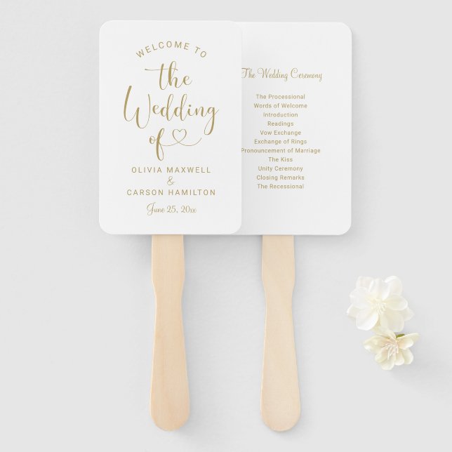 Modern Gold Heart Script Wedding Welcome Ceremony Hand Fan (Front and Back)