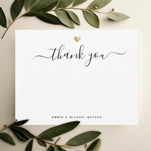 Modern Gold Heart Thank you Script Note Card