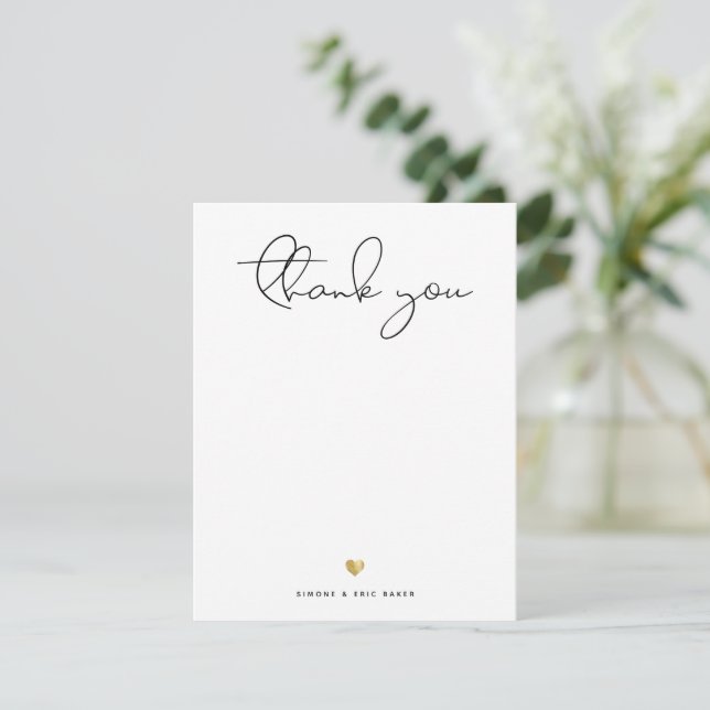 Modern Gold Heart Thank you Script Note Card (Standing Front)