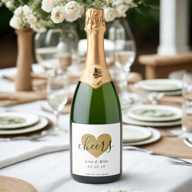 Modern Gold Heart  Wedding Bridal Shower Sparkling Wine Label (Creator Uploaded)