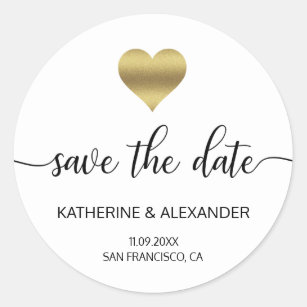 Modern Gold Heart White Wedding SAVE THE DATE Classic Round Sticker