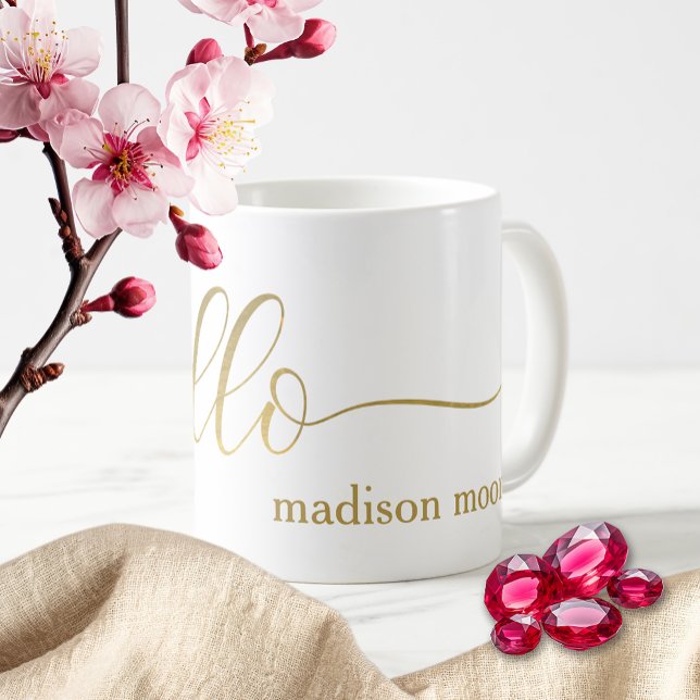 Modern Gold "Hello" Name Personalised Cup/ Coffee Mug (Creator Uploaded)