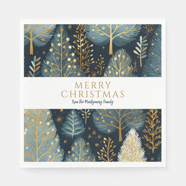 Modern Gold Holiday Forest Personalised Christmas Napkin (Front)