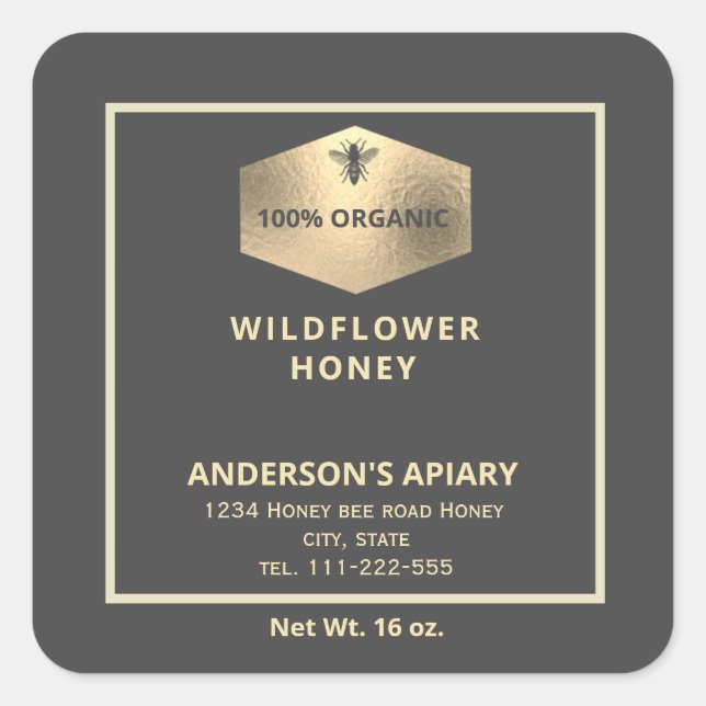 Modern gold  honeybee honey jar label (Front)