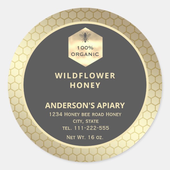 Modern gold  honeybee honey jar label (Front)