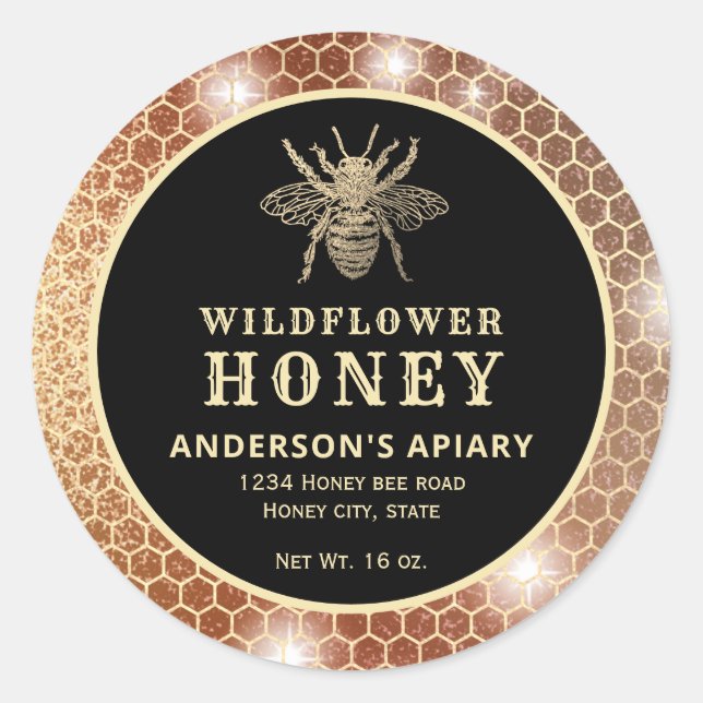 Modern gold  honeybee honey jar label (Front)