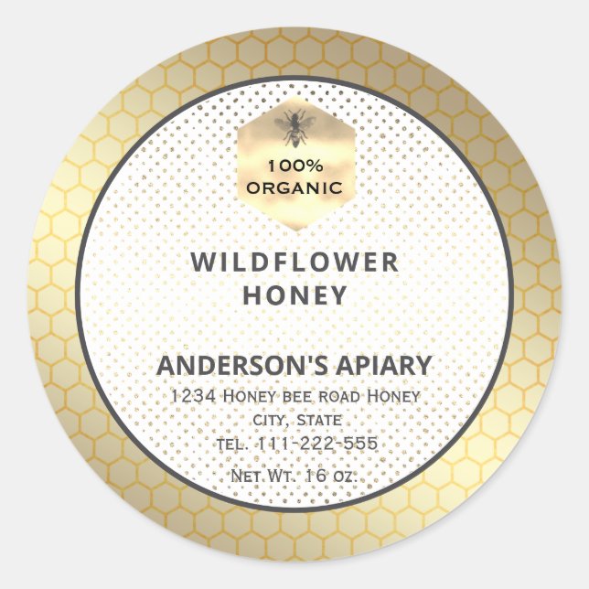 Modern gold  honeybee honey jar label (Front)