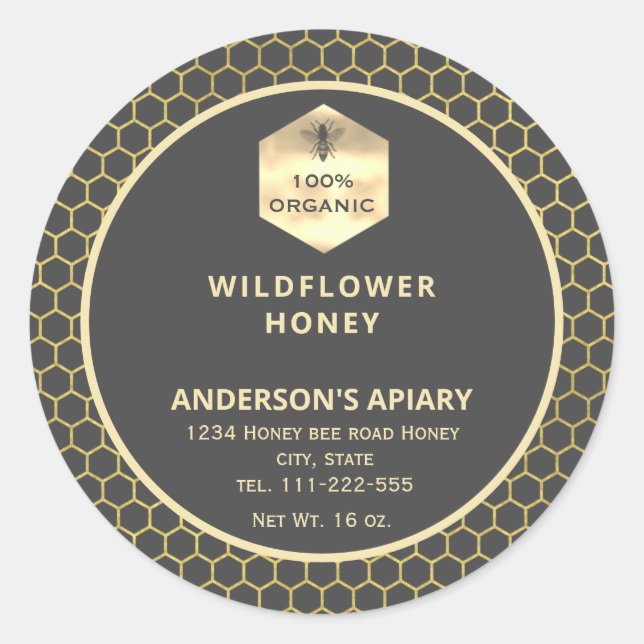 Modern gold  honeybee honey jar label (Front)