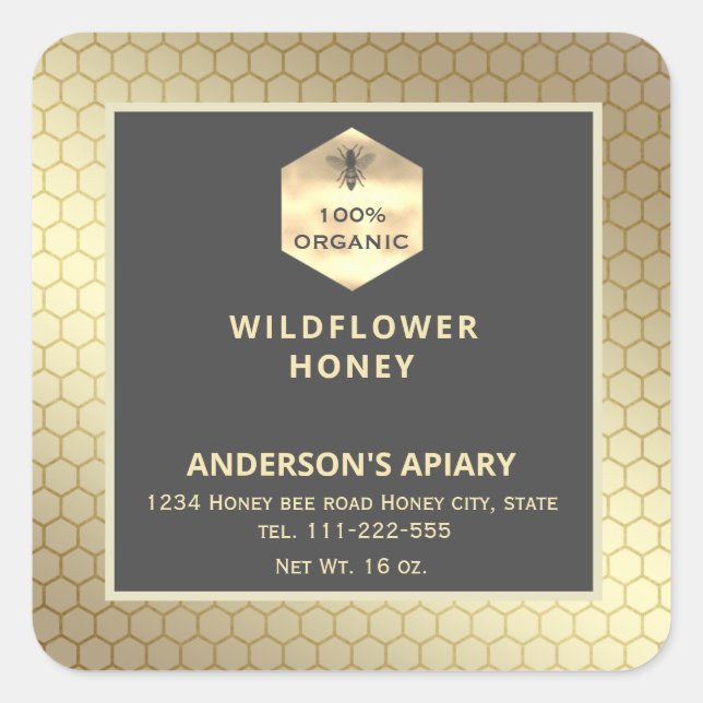 Modern gold  honeybee honey jar label (Front)