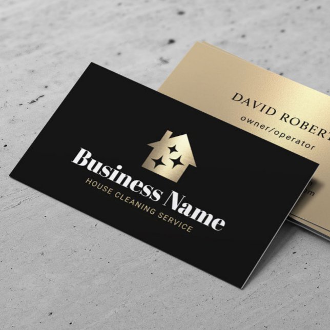 Modern Gold House Cleaning Maid Service Black Business Card (Creator Uploaded)