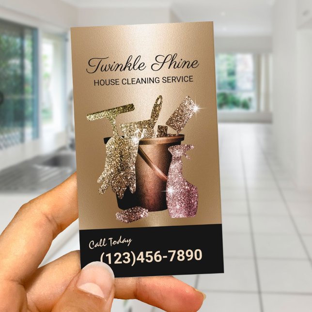 Modern Gold House Cleaning Service Housekeeping Business Card (Creator Uploaded)