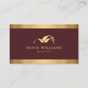 Modern Gold House Logo Real Estate Burgundy Business Card