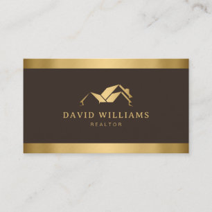 Modern Gold House Logo Real Estate Espresso Brown Business Card