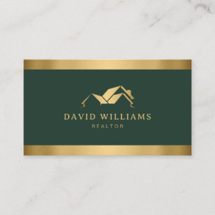 Modern Gold House Logo Real Estate Forest Green Business Card