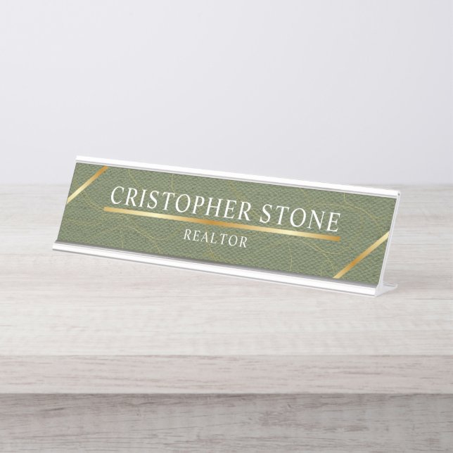 Modern Gold House Real Estate Olive Green Realtor Desk Name Plate (Front)