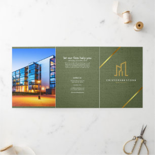 Modern Gold House Real Estate Olive Green Realtor Tri-Fold Card
