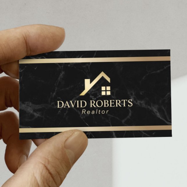 Modern Gold House Real Estate Realtor Black Marble Business Card (Creator Uploaded)
