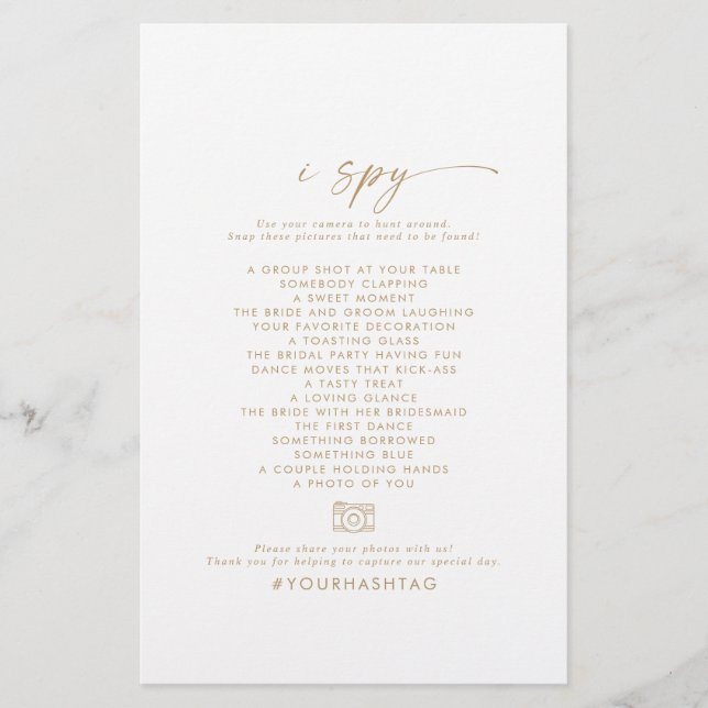 Modern Gold I Spy Wedding Photo Scavenger Hunt Flyer (Front)