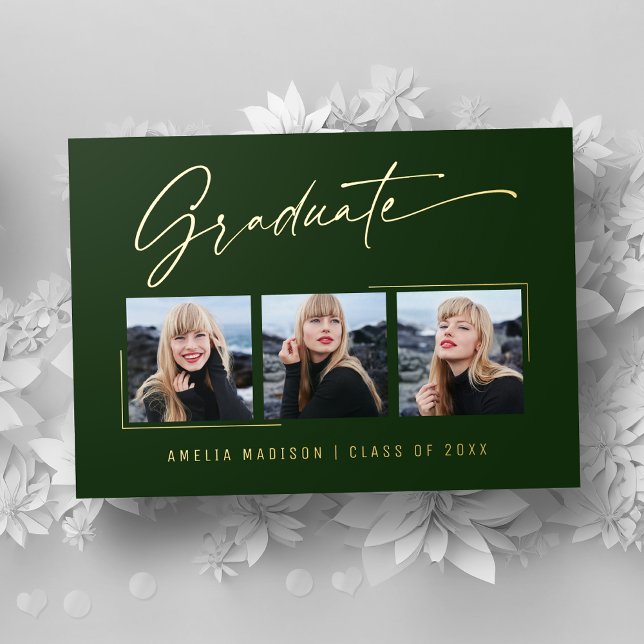 Modern Gold Ink Script Emerald Grad Photo Card (Creator Uploaded)
