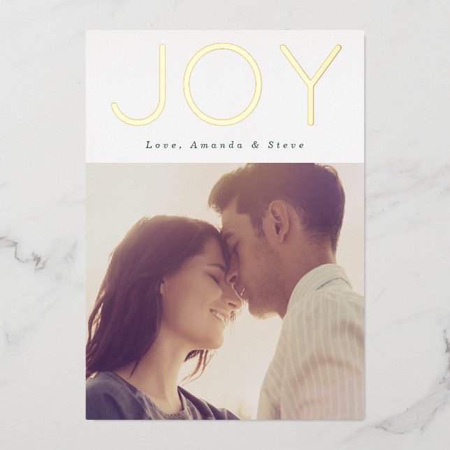 Modern GOLD JOY Christmas Photo Foil Holiday Card (Front)